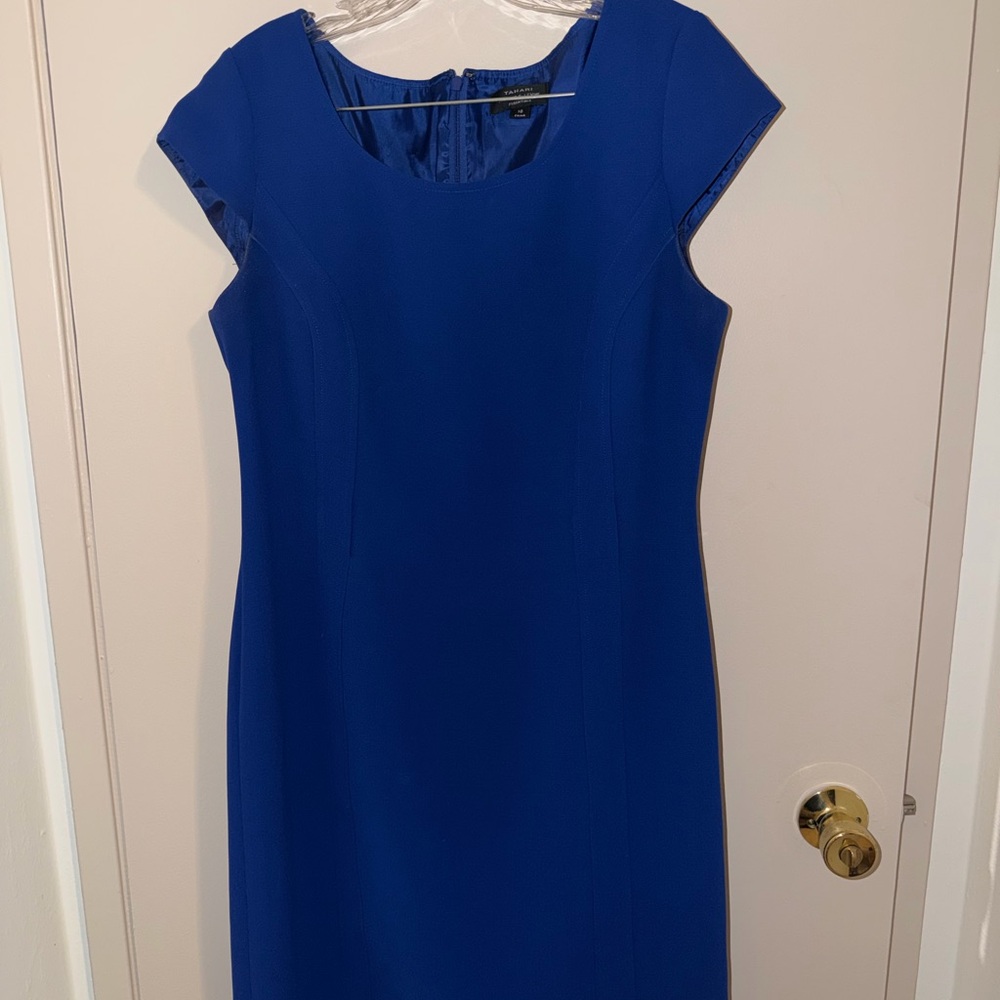 Size 10 Tahari Cobalt Blue Cap Sleeve Midi Sheath Dress